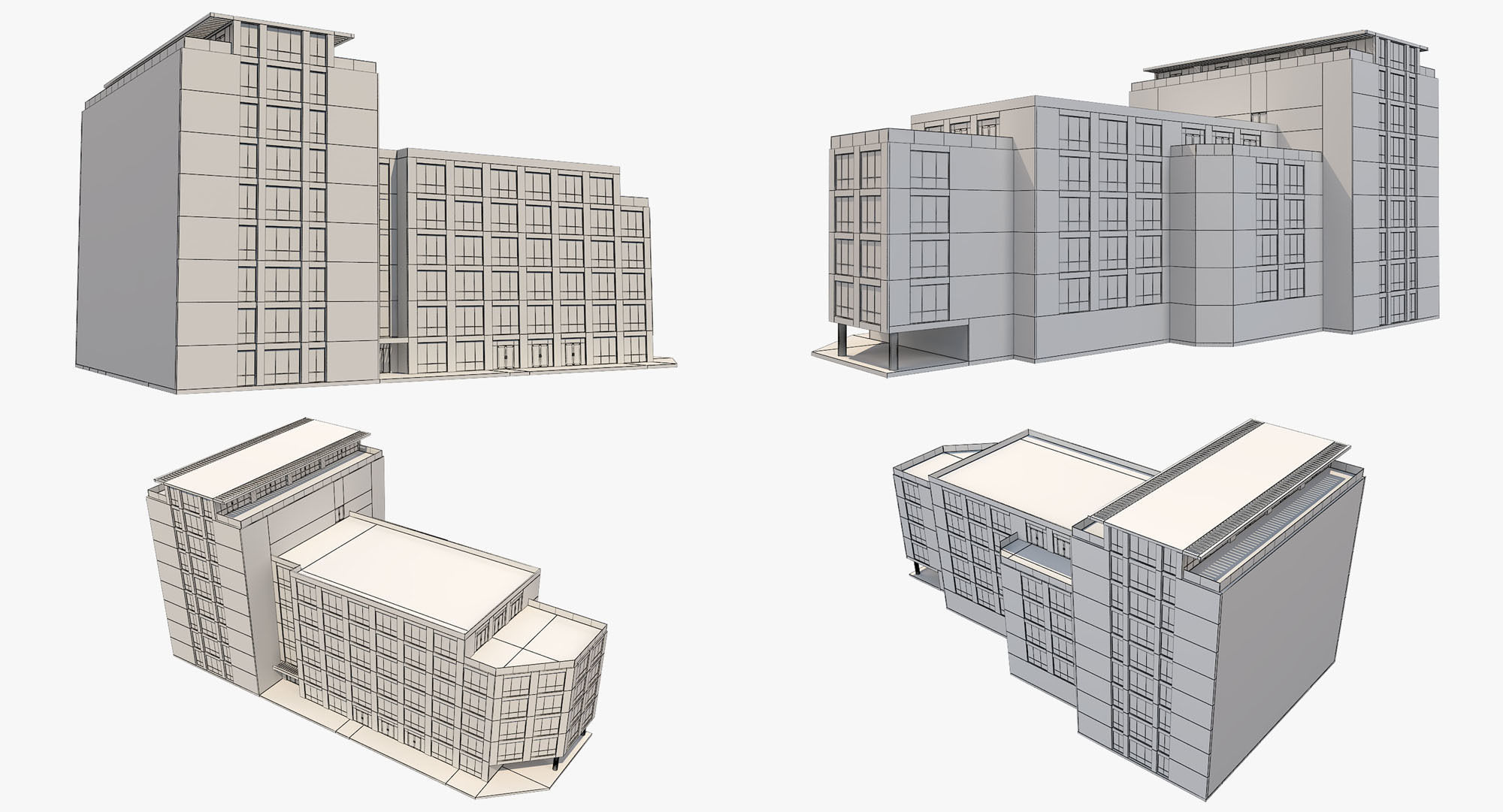 4 Buildings Set 1 building with windows and balconies 3D model_5