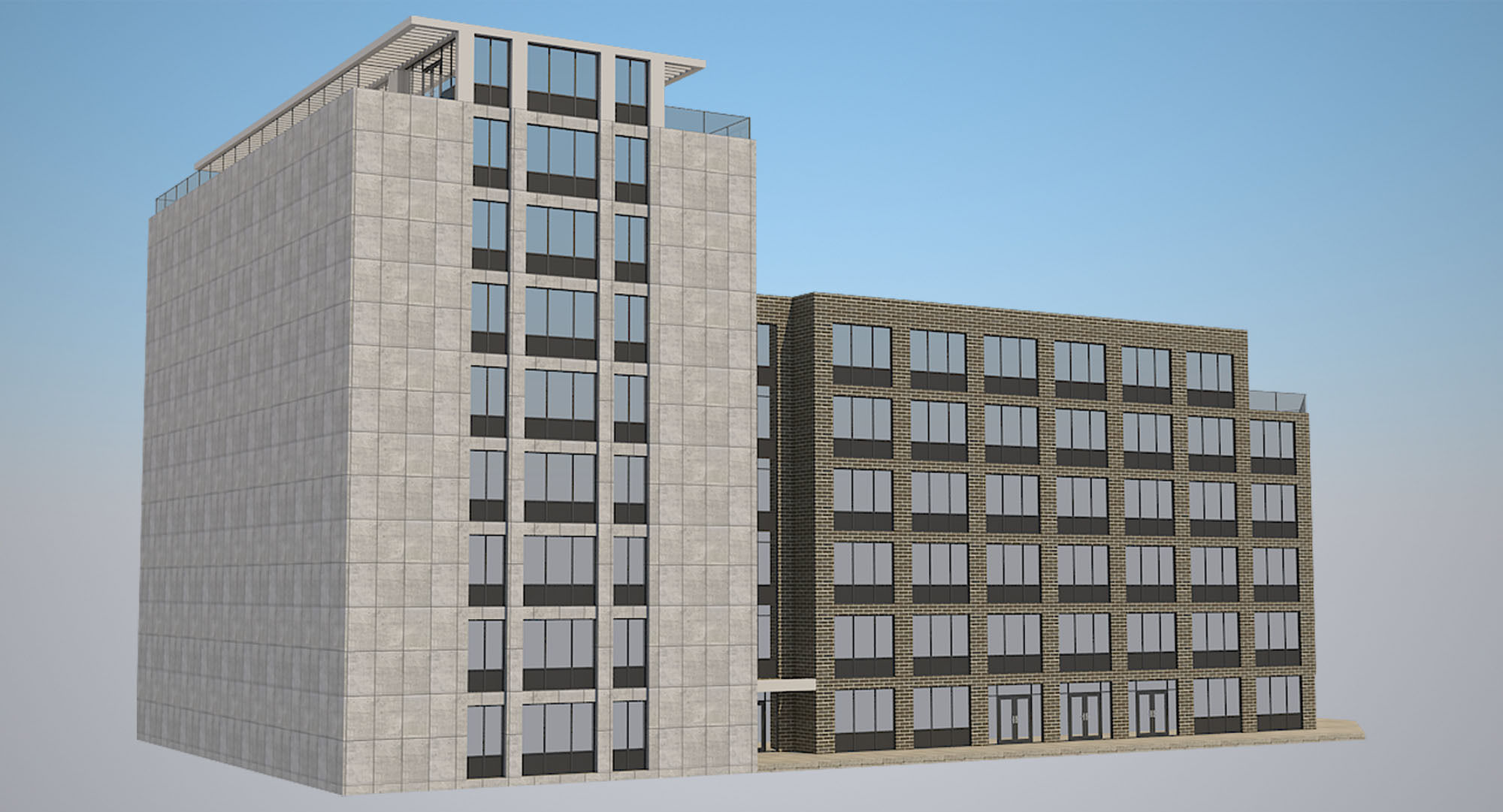 4 Buildings Set 1 building with windows and balconies 3D model_1