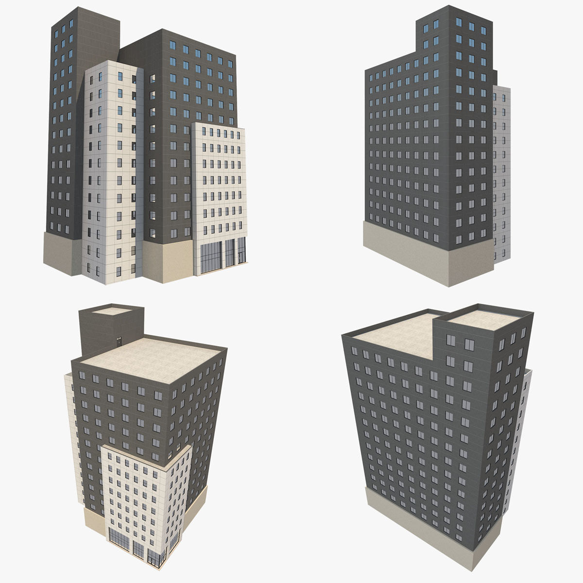 4 Buildings Set 1 building with windows and balconies 3D model_10