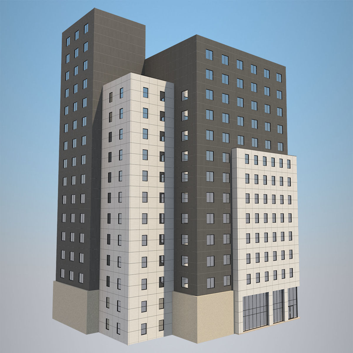 4 Buildings Set 1 building with windows and balconies 3D model_2