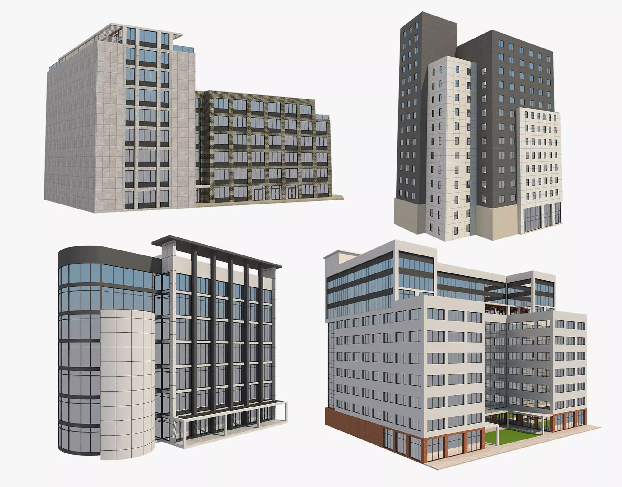 4 Buildings Set 1 building with windows and balconies 3D model_0