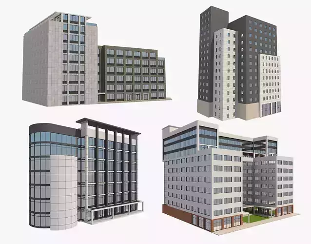 4 Buildings Set 1 building with windows and balconies 3D model