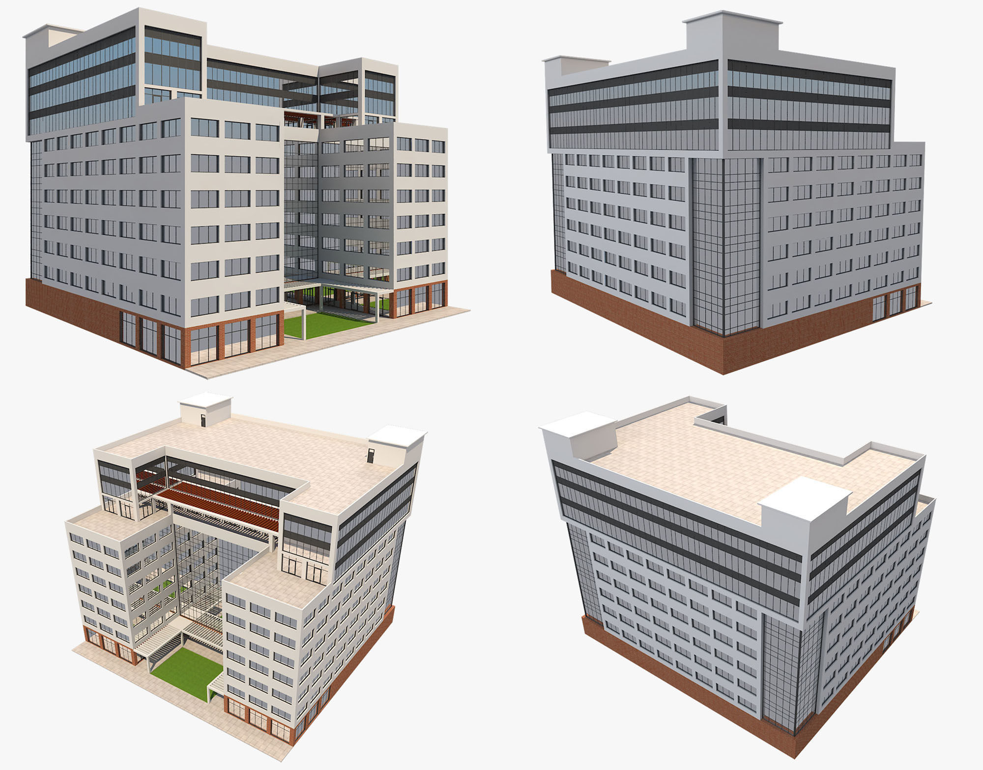 4 Buildings Set 1 building with windows and balconies 3D model_16