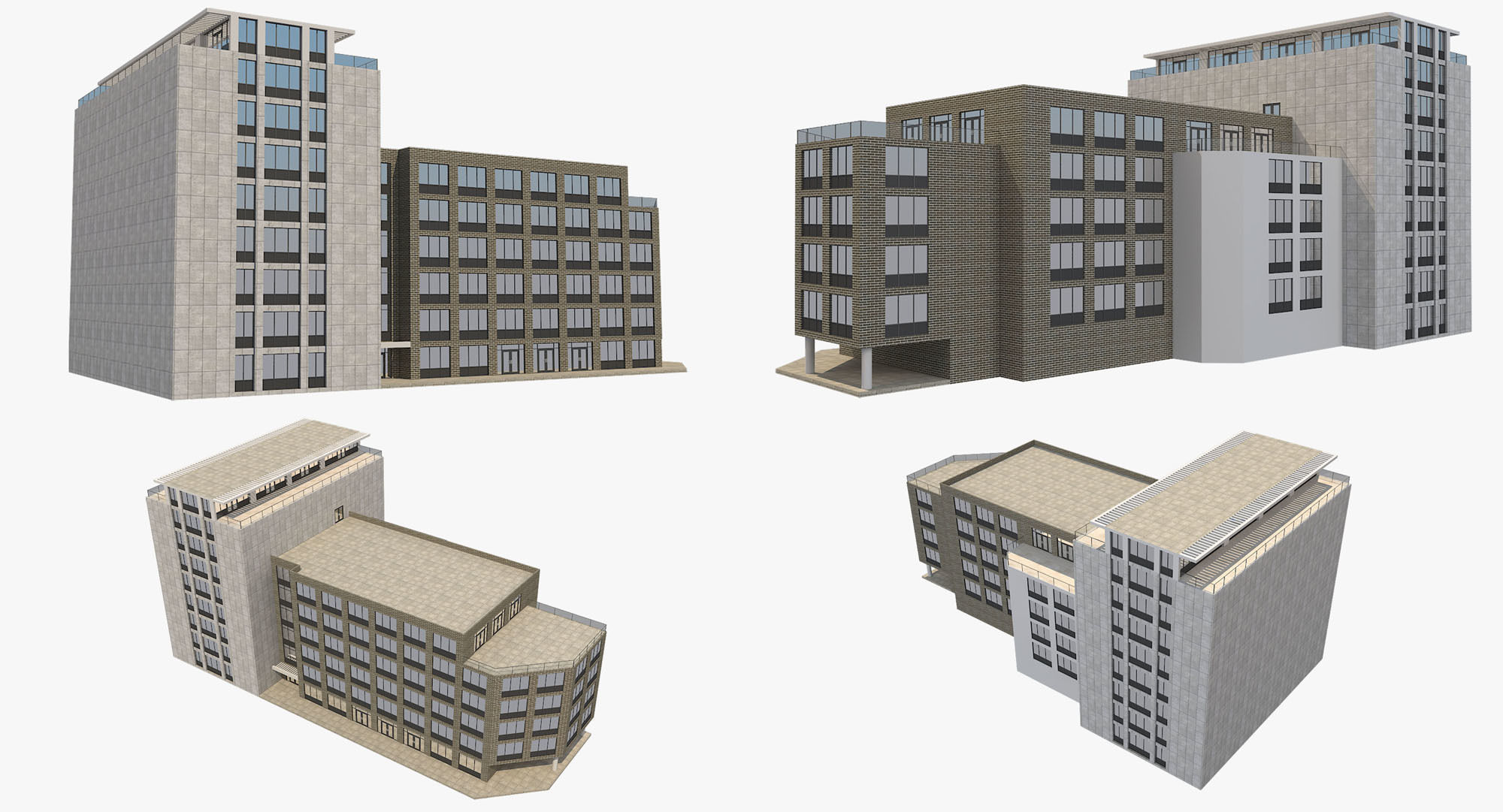 4 Buildings Set 1 building with windows and balconies 3D model_7
