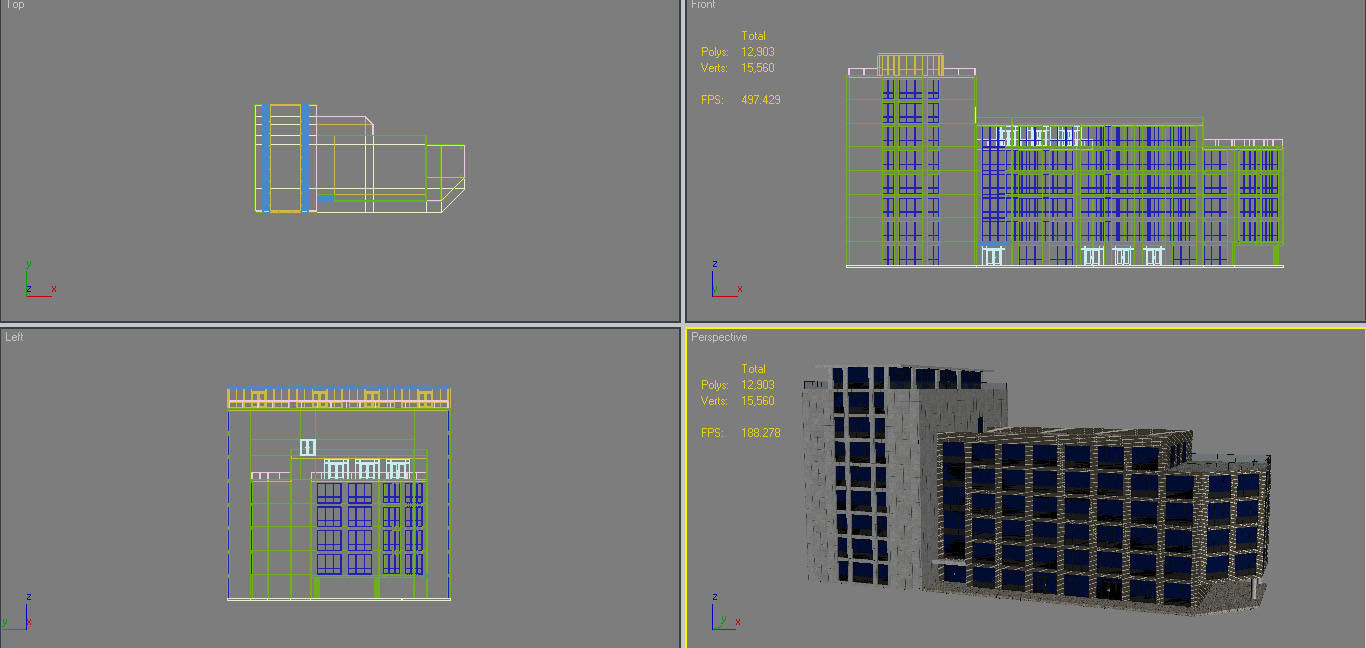4 Buildings Set 1 building with windows and balconies 3D model_6