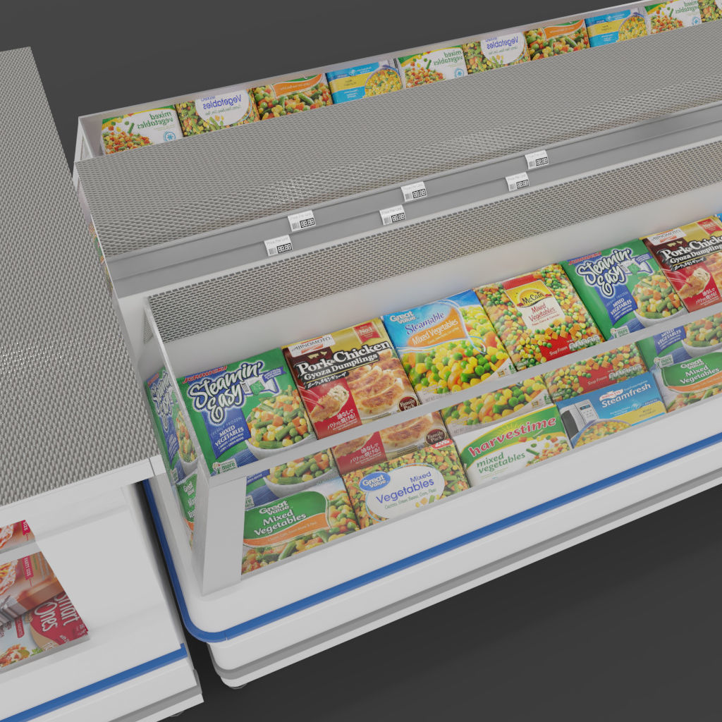 Store Floor Freezer refrigerator Store Display with frozen food 3D model_2
