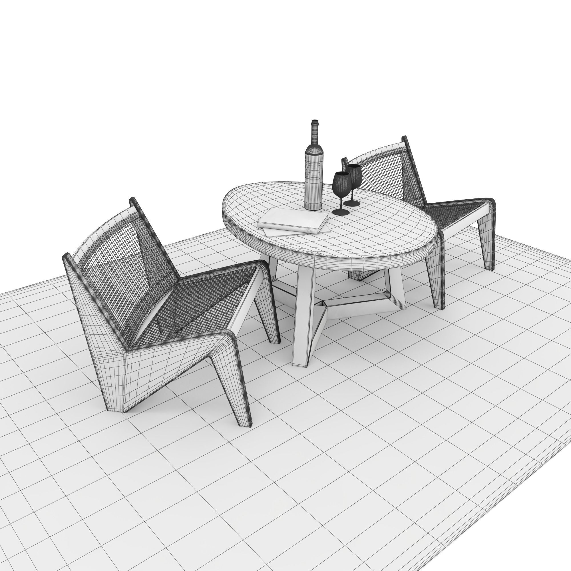Lounge set two chairs and table on rug 3D model_5