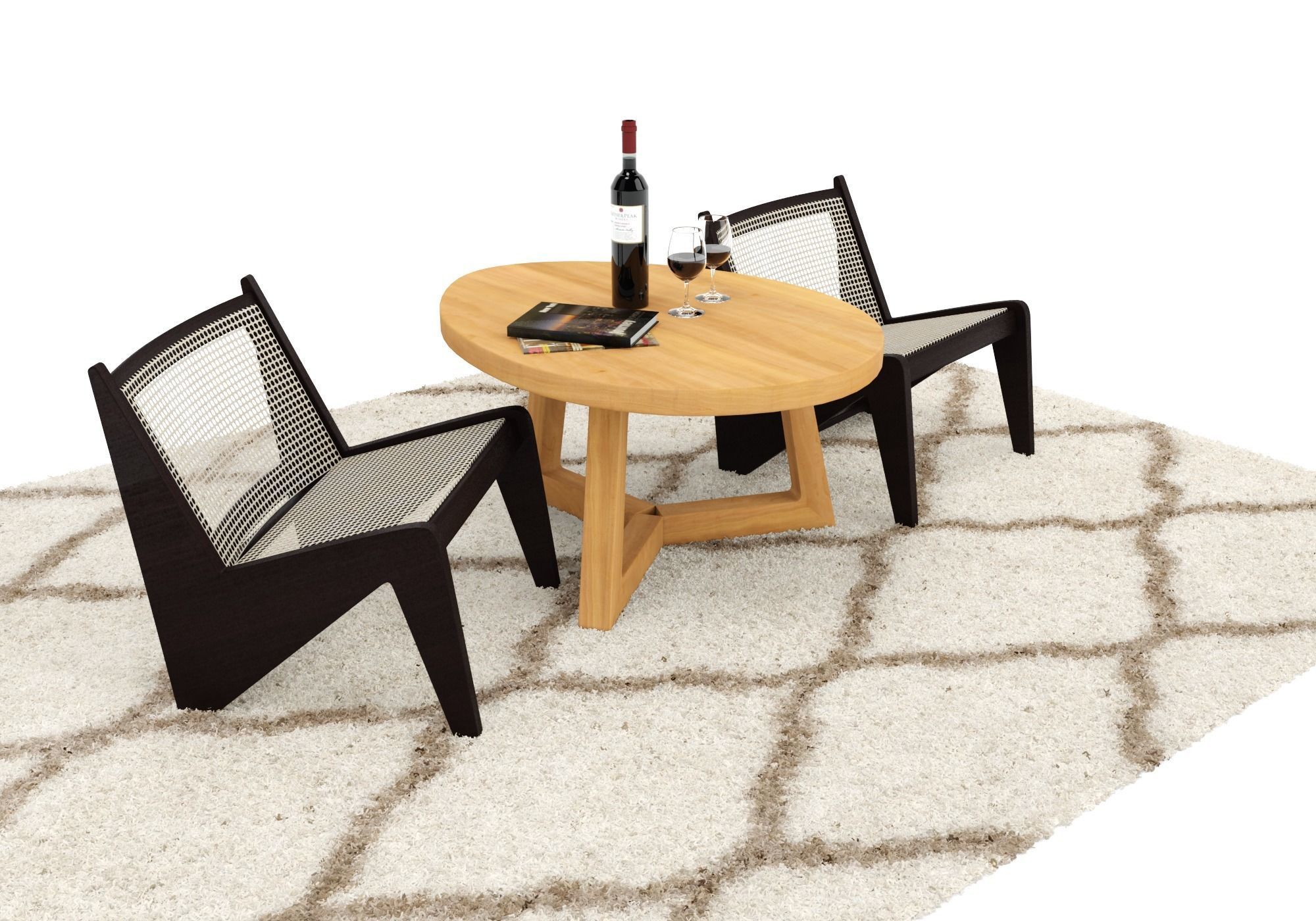 Lounge set two chairs and table on rug 3D model_4