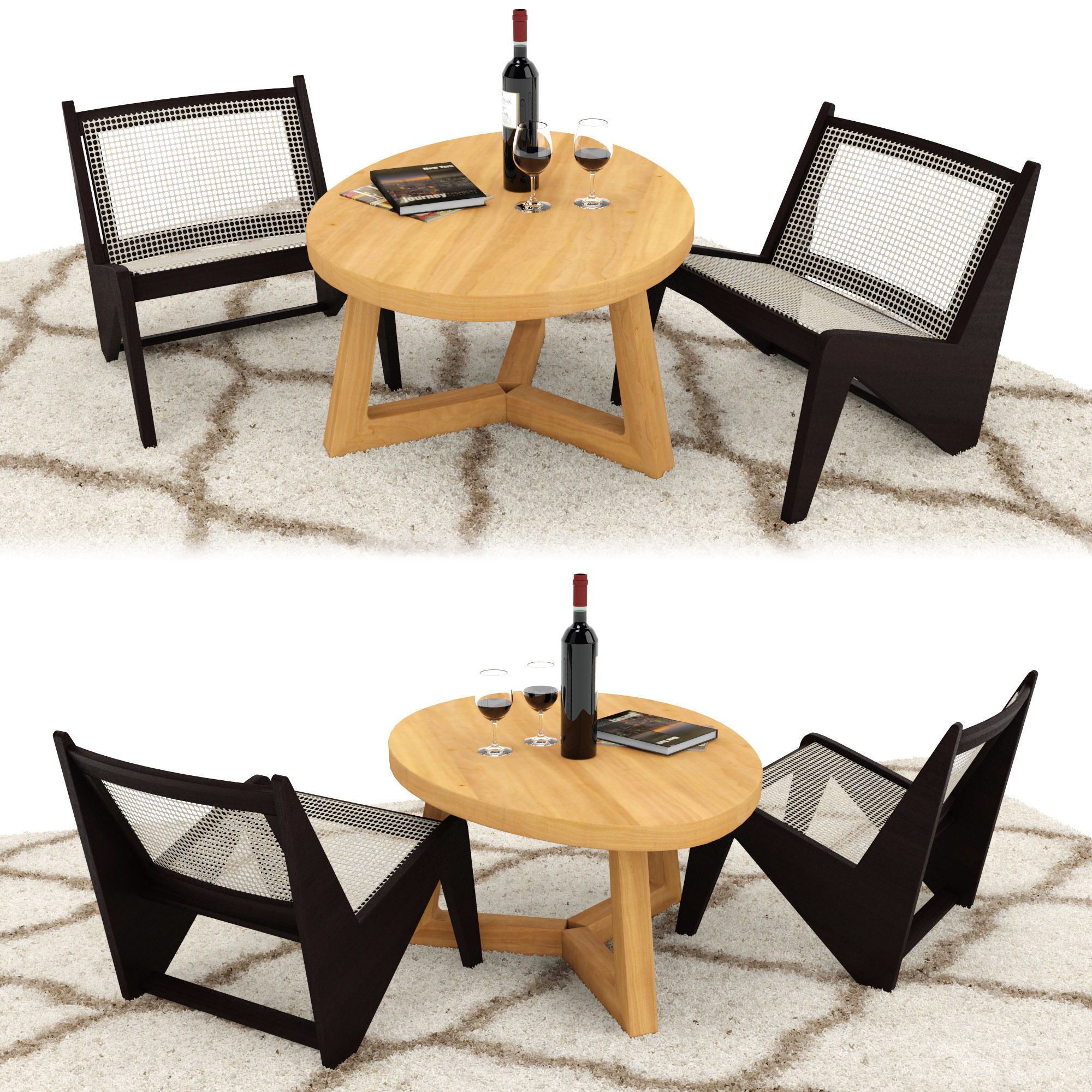 Lounge set two chairs and table on rug 3D model_1
