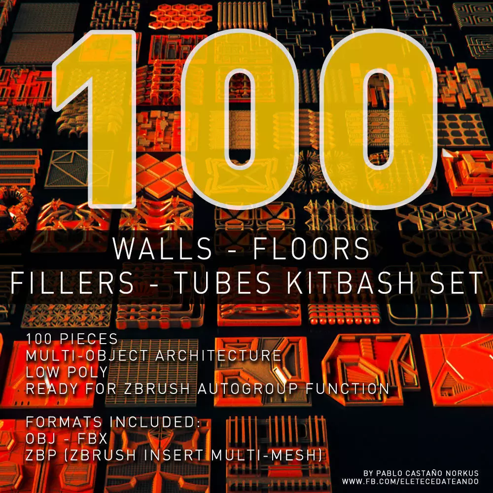 Walls - Floors - Fillers - Tubes Kitbash Set - 100 Pieces 3D model_0