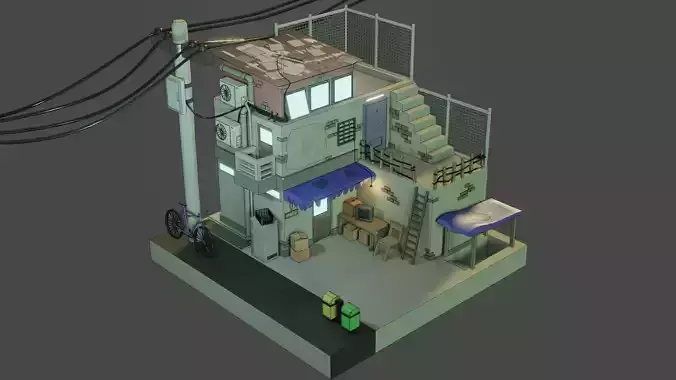Low poly House n Store Low-poly 3D model