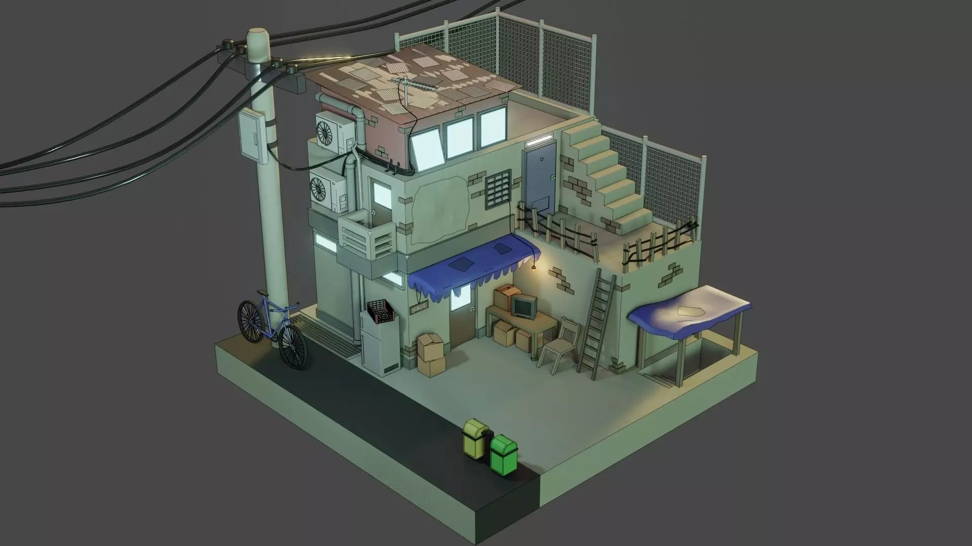 Low poly House n Store Low-poly 3D model_0