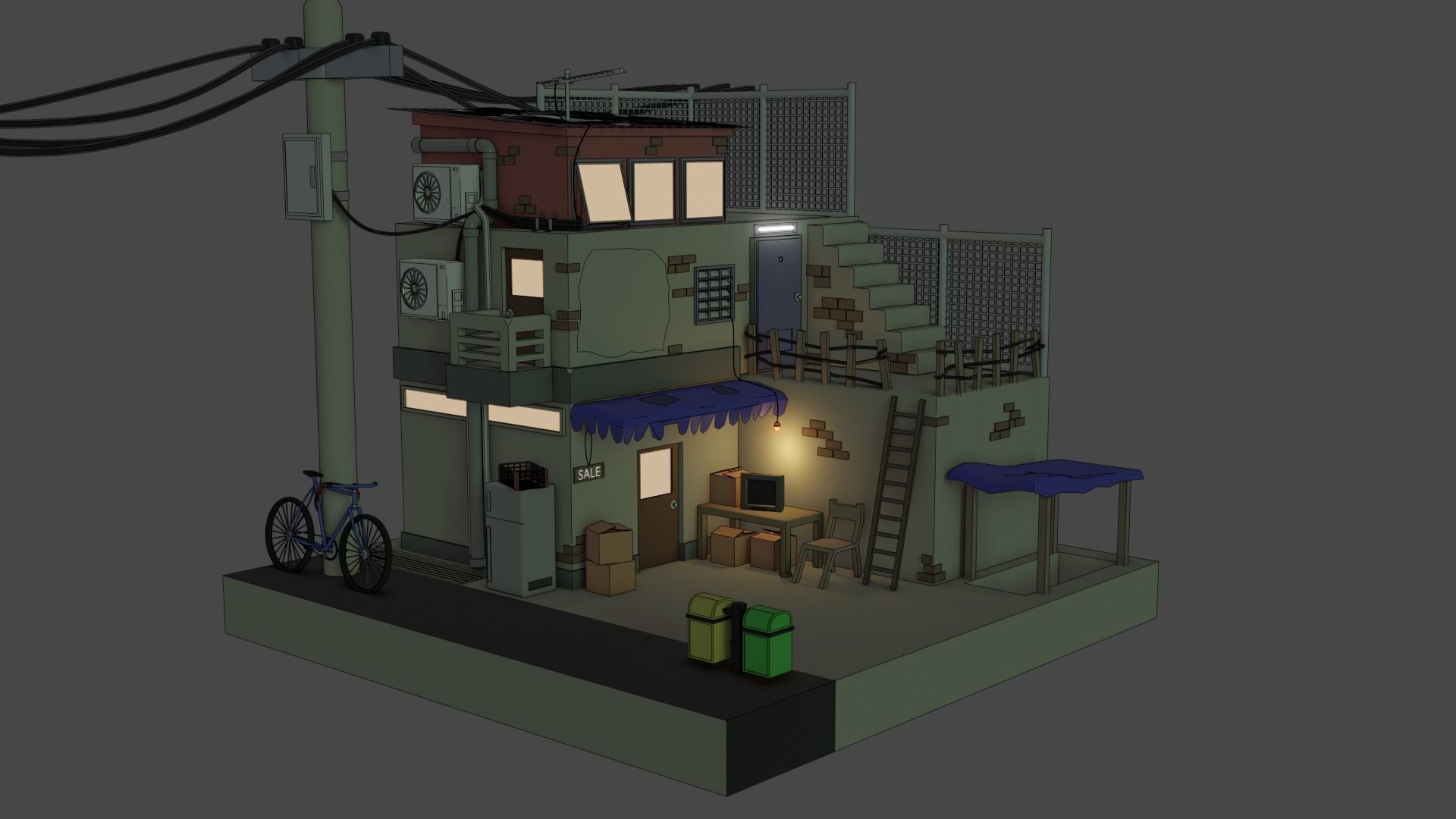 Low poly House n Store Low-poly 3D model_4