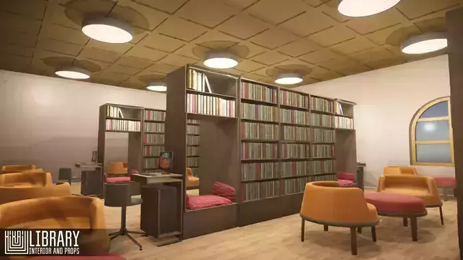 Library - interior and props Low-poly 3D model
