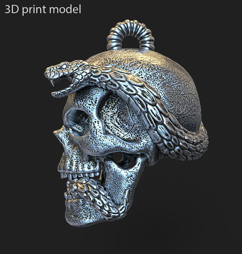 Skull pendant jewelry biker with snake vol11 3D print model_2