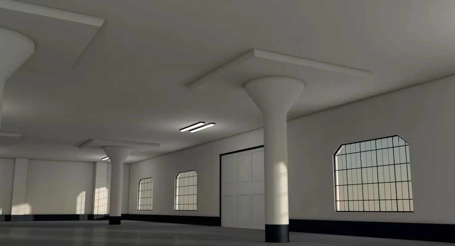 Warehouse with columns and windows Low-poly 3D model_0