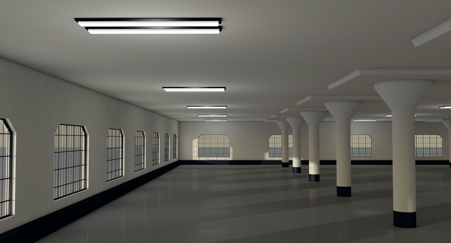Warehouse with columns and windows Low-poly 3D model_2