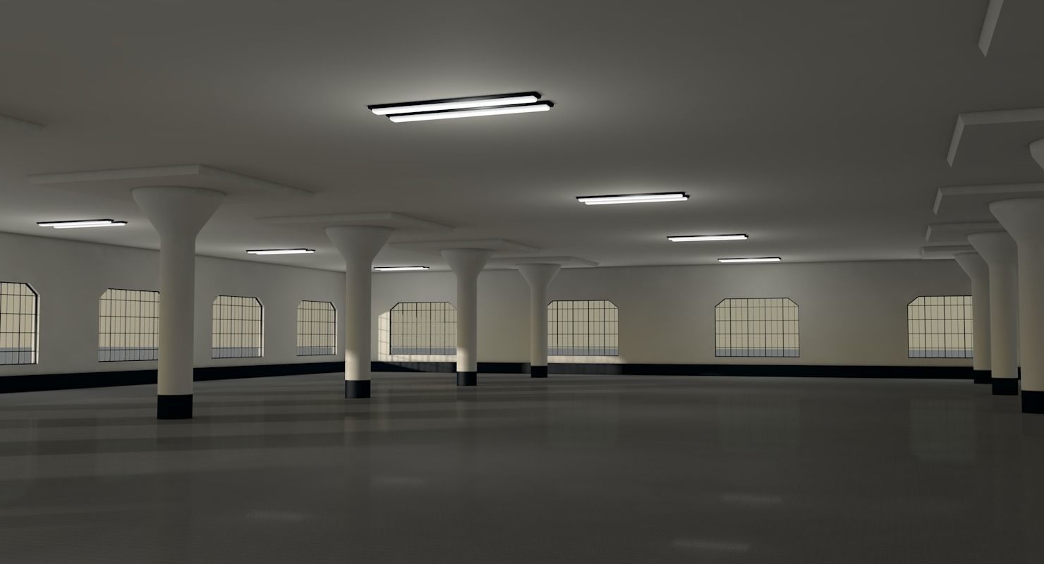 Warehouse with columns and windows Low-poly 3D model_1