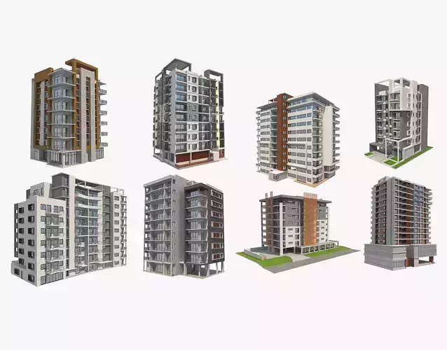 8 Apartment Buildings Set 1 3D model