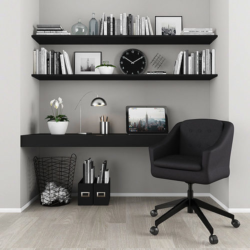 Workplace home office with chair and shelves Low-poly 3D model