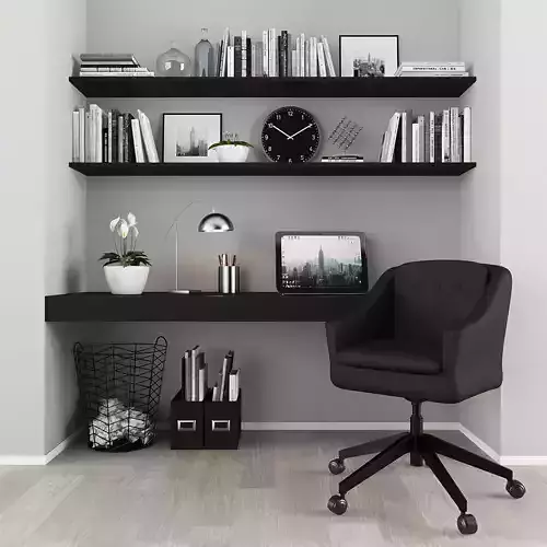 Workplace home office with chair and shelves Low-poly 3D model