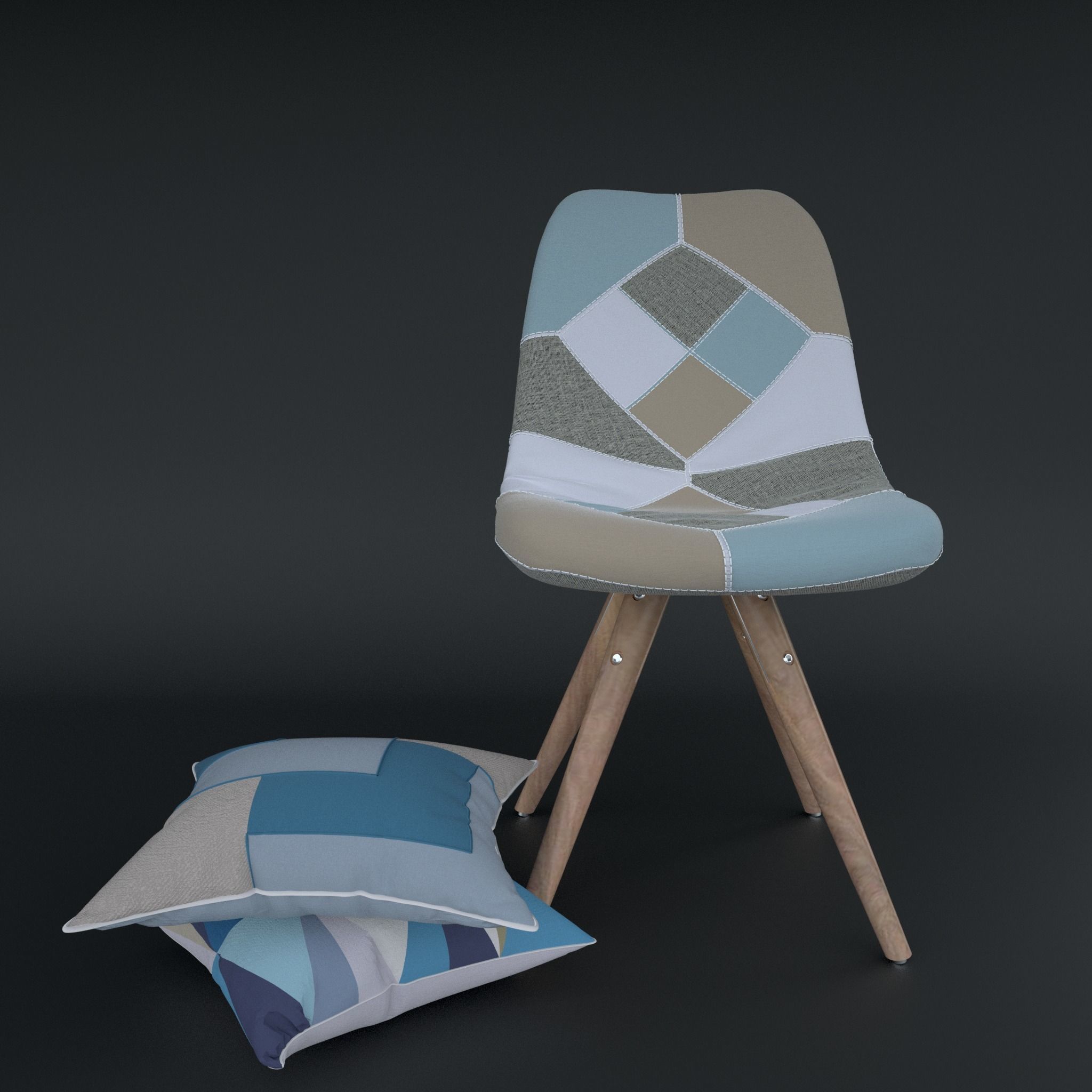 Patchwork chair and pillow 3D model_1