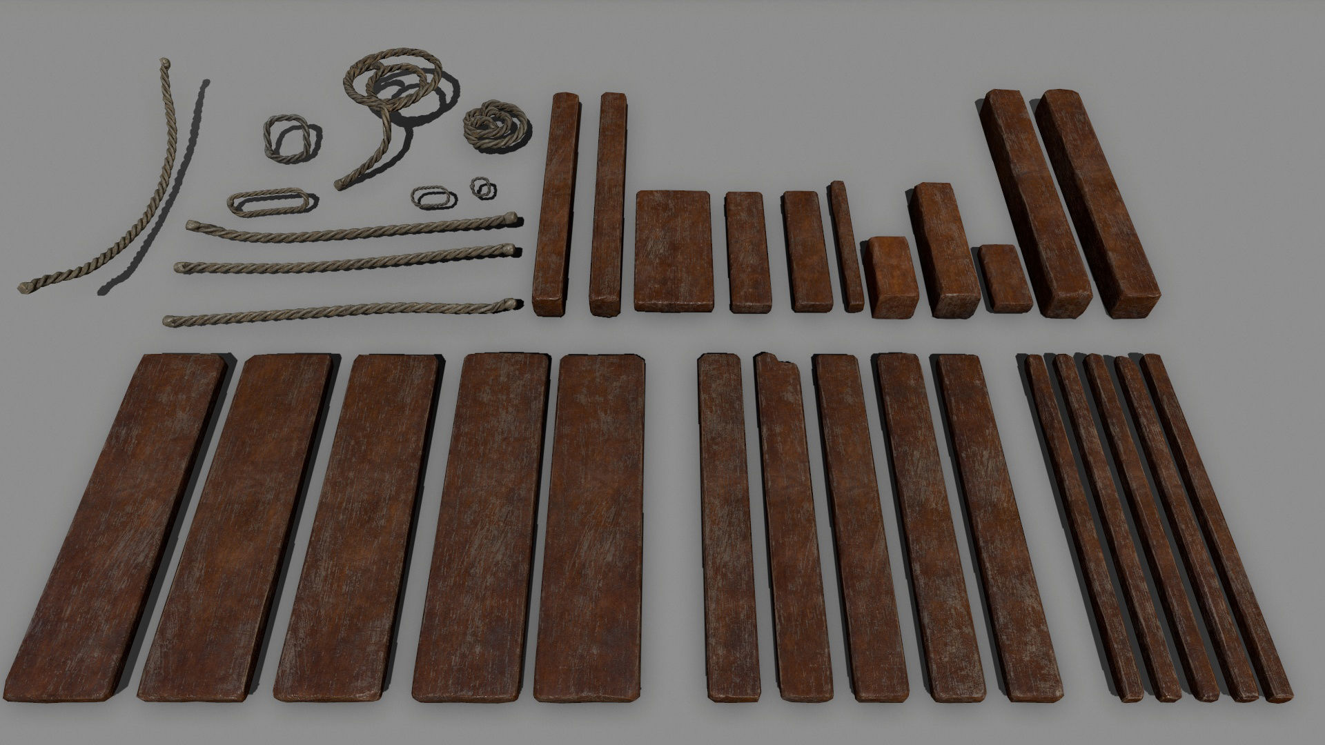 Wood and Rope set Low-poly 3D model_1
