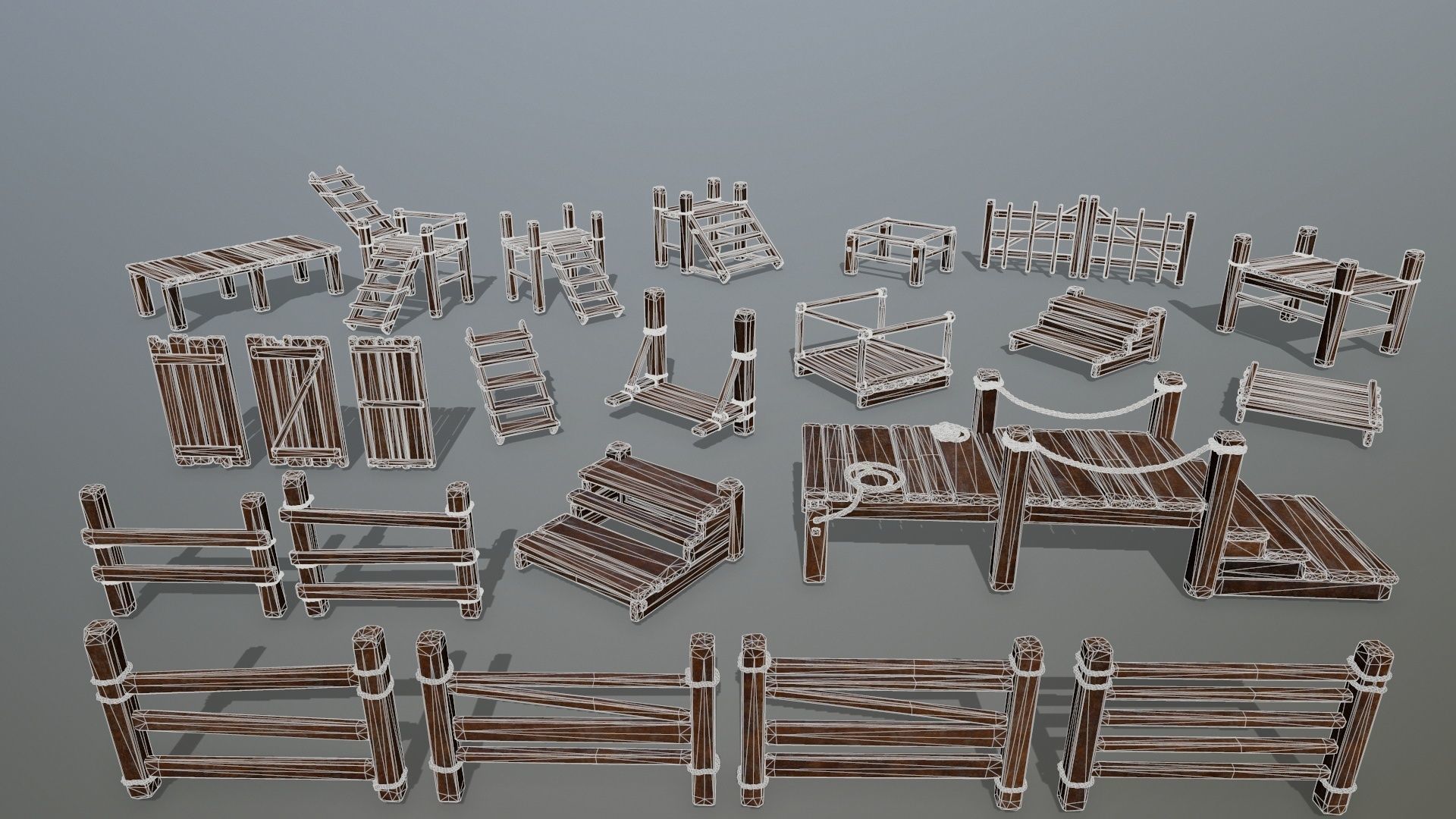 Wood and Rope set Low-poly 3D model_29
