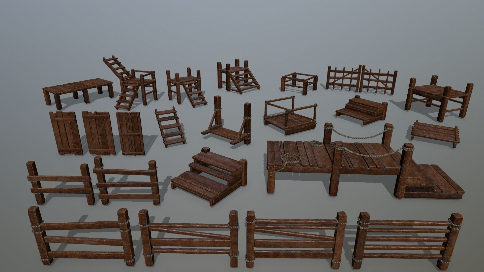Wood and Rope set Low-poly 3D model_2