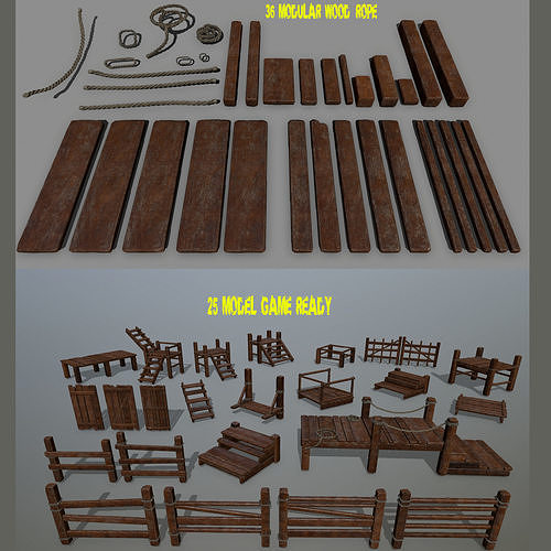 Wood and Rope set Low-poly 3D model