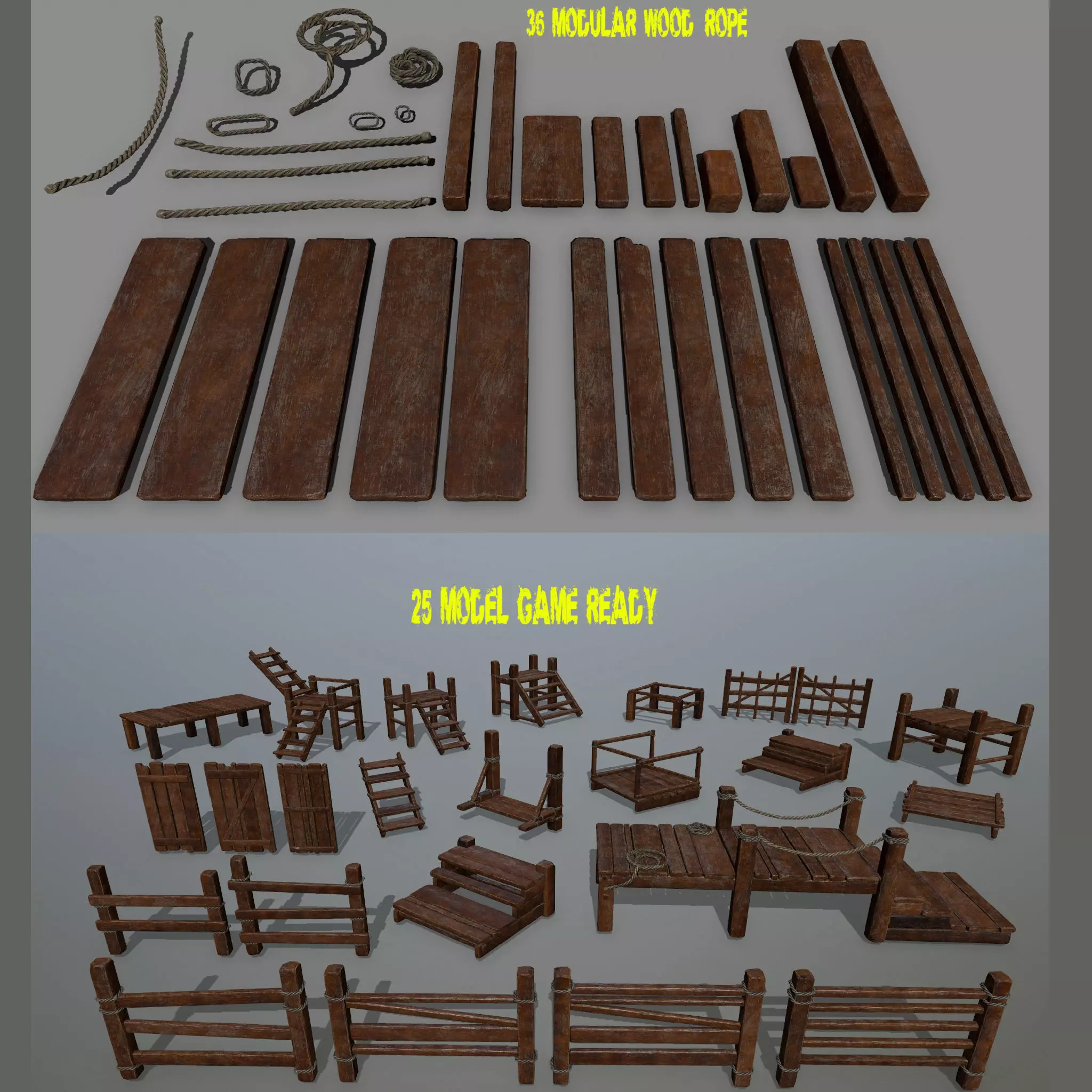 Wood and Rope set Low-poly 3D model_0