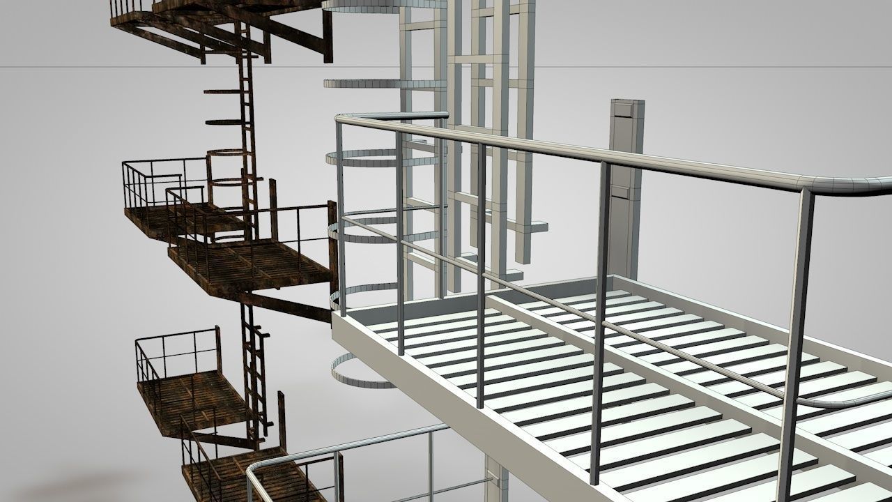 Caged Fire Escape Ladder Low-poly 3D model_14