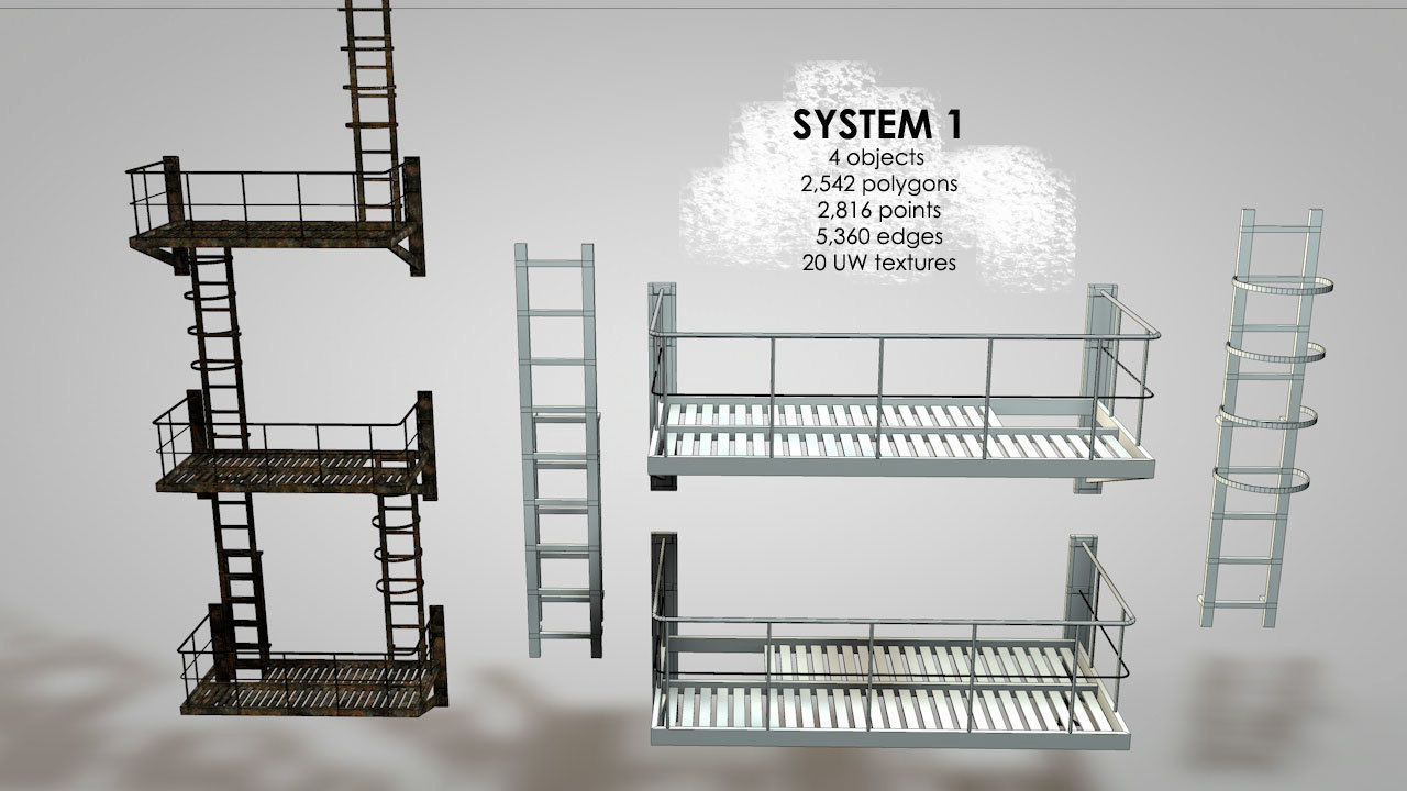 Caged Fire Escape Ladder Low-poly 3D model_11
