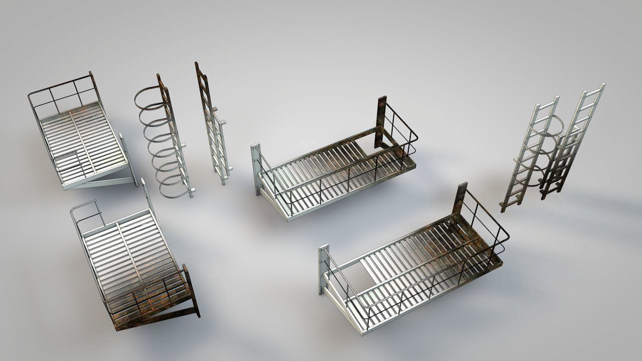 Caged Fire Escape Ladder Low-poly 3D model_16