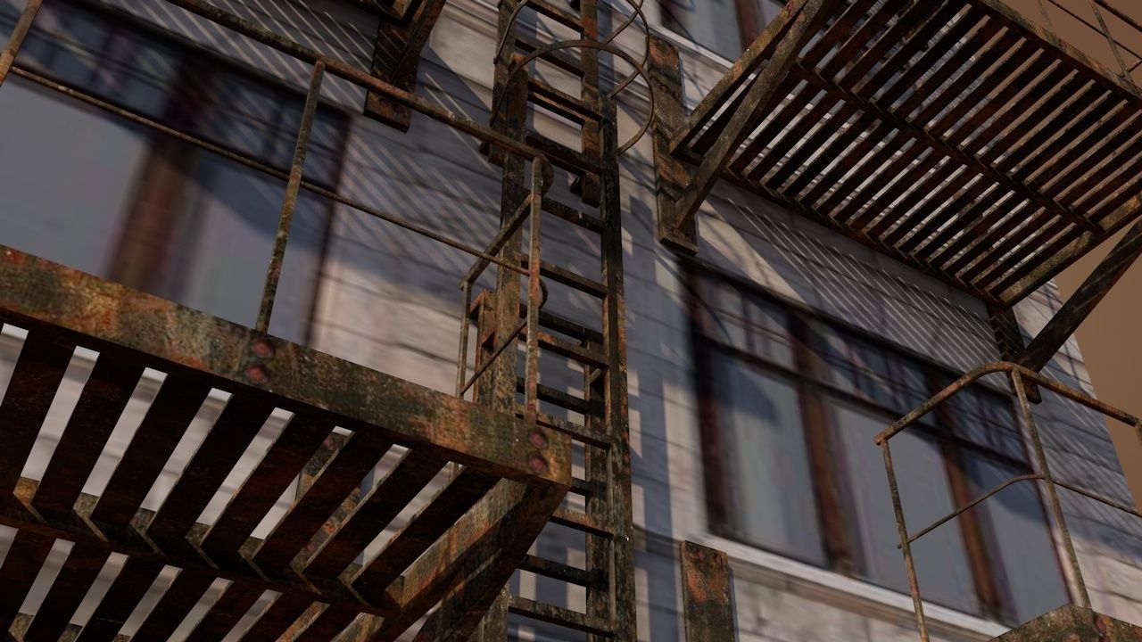 Caged Fire Escape Ladder Low-poly 3D model_7