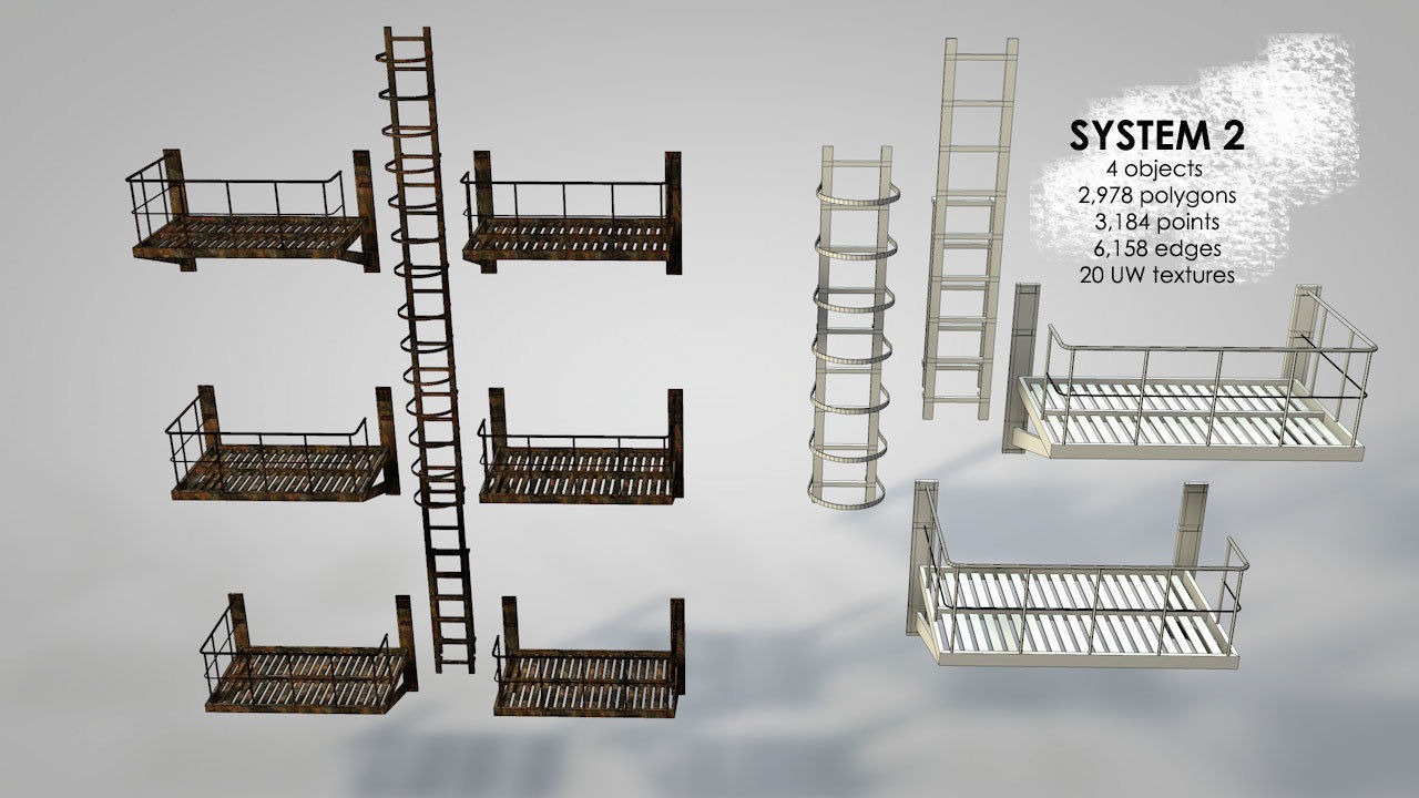 Caged Fire Escape Ladder Low-poly 3D model_13