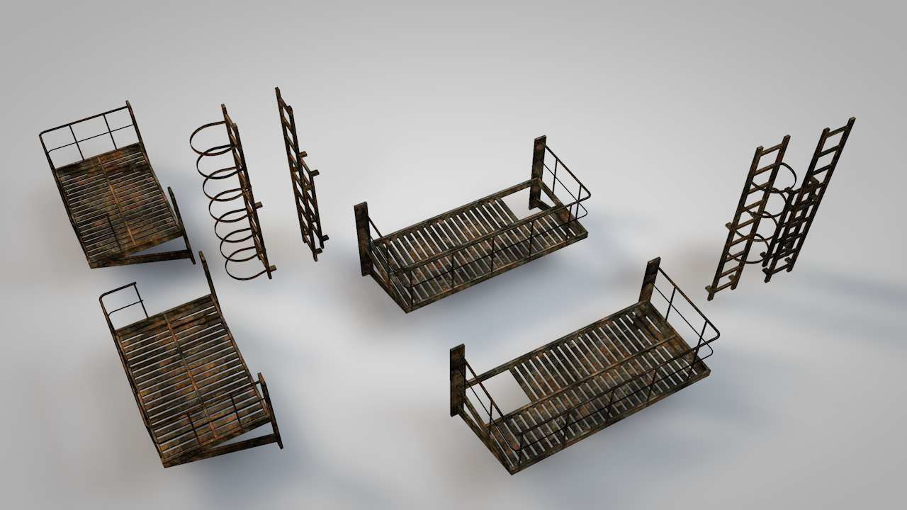 Caged Fire Escape Ladder Low-poly 3D model_15