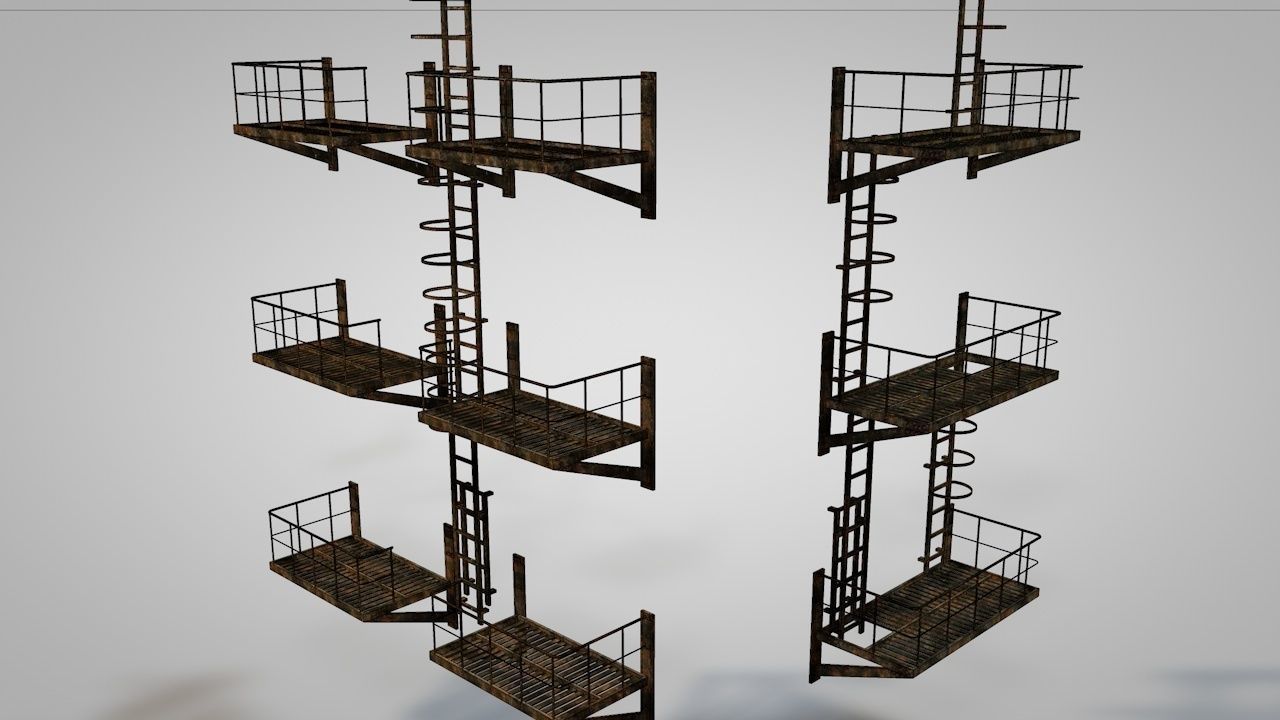 Caged Fire Escape Ladder Low-poly 3D model_10