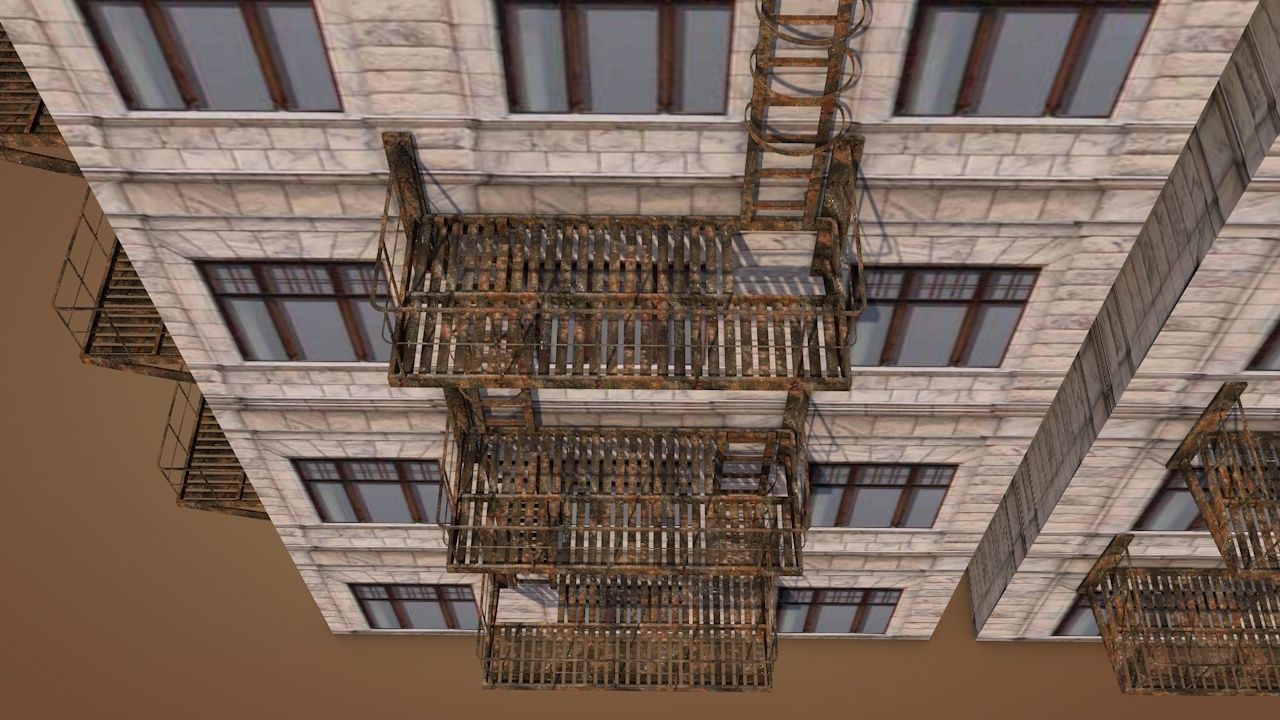 Caged Fire Escape Ladder Low-poly 3D model_5