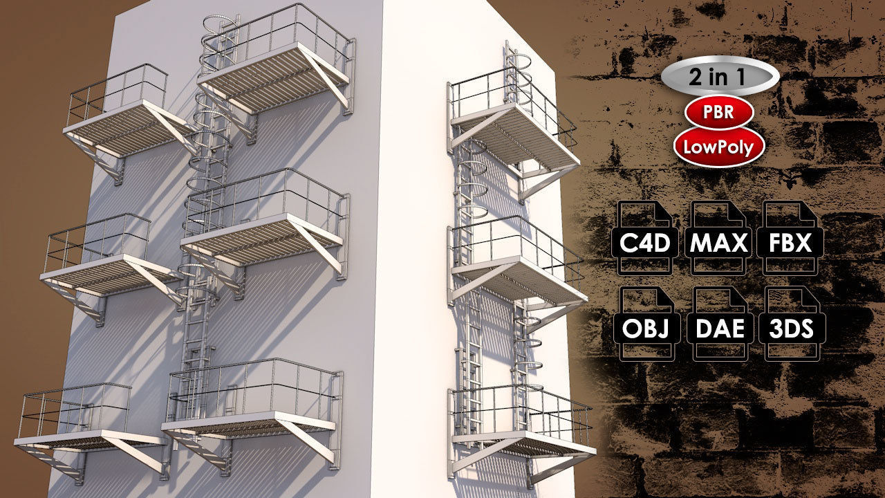 Caged Fire Escape Ladder Low-poly 3D model_1