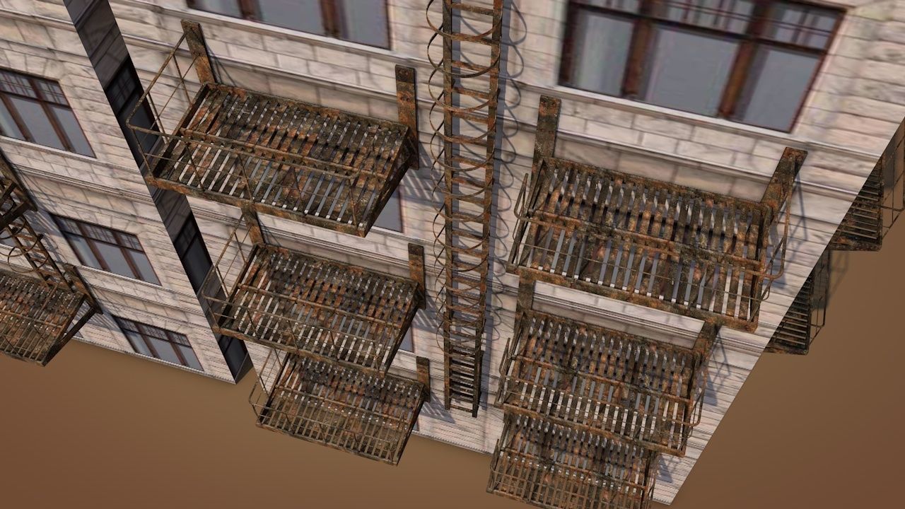 Caged Fire Escape Ladder Low-poly 3D model_6