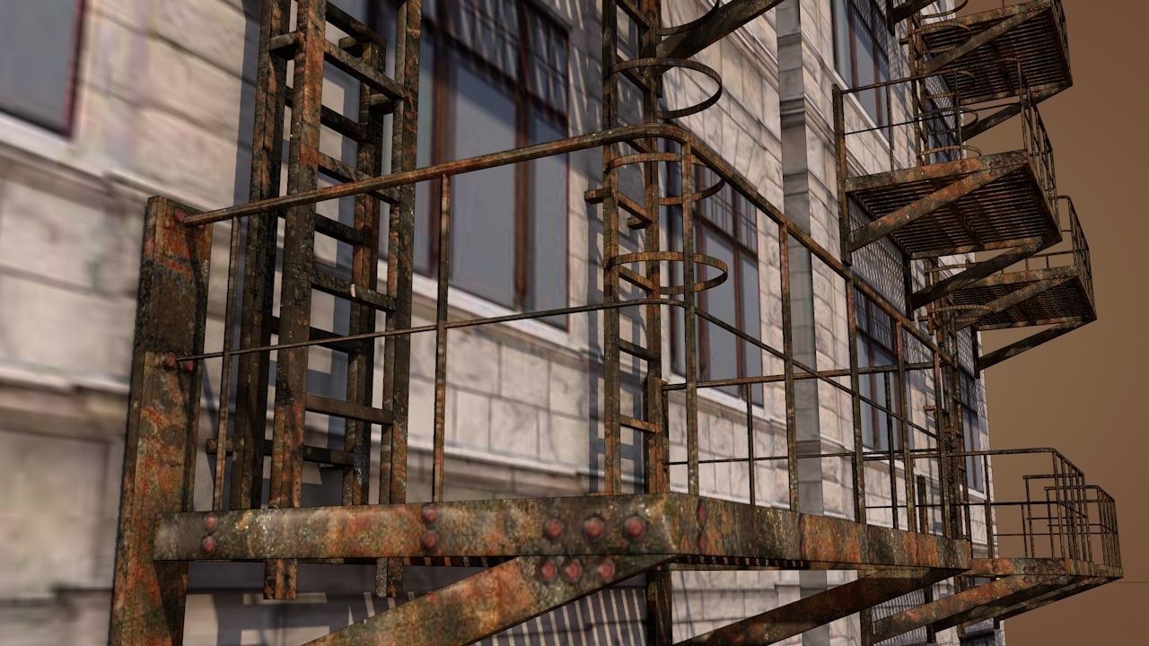 Caged Fire Escape Ladder Low-poly 3D model_3
