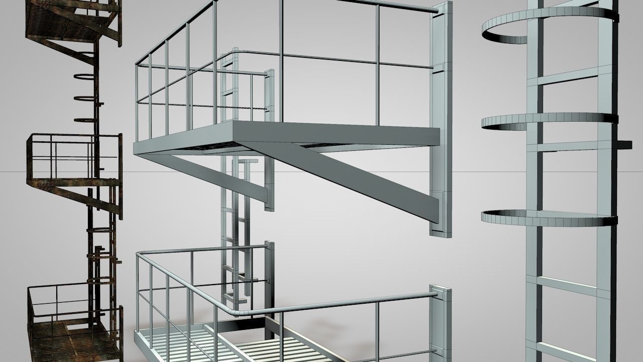 Caged Fire Escape Ladder Low-poly 3D model_12