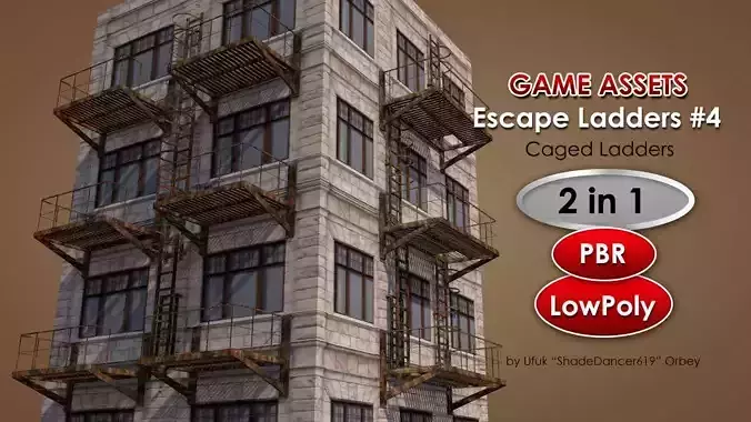 Caged Fire Escape Ladder Low-poly 3D model