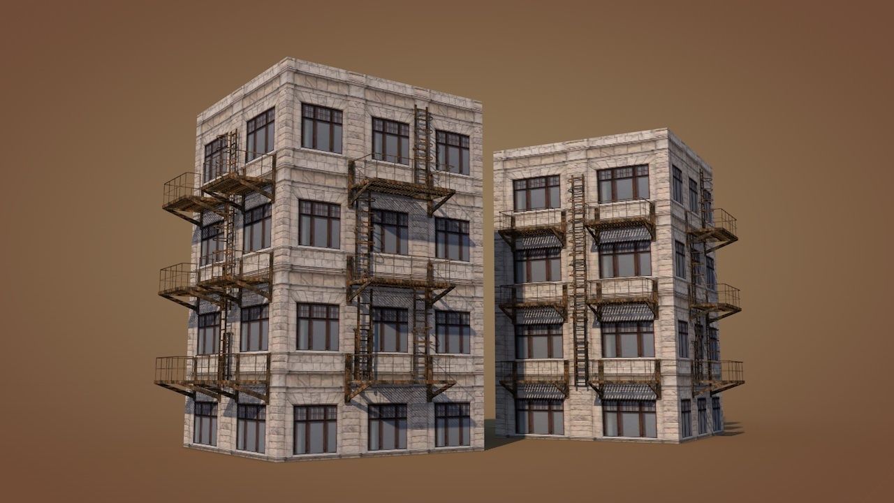 Caged Fire Escape Ladder Low-poly 3D model_8