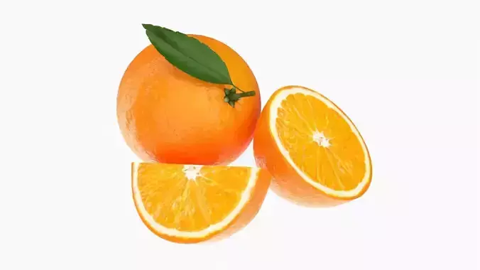 Photorealistic Orange Fruit slice with leaf PBR 3D model