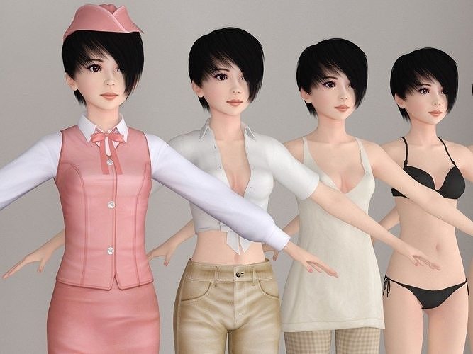 T pose nonrigged model of Tsubame with various outfit 3D model