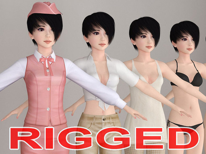 T pose rigged model of Tsubame with various outfit  3D model