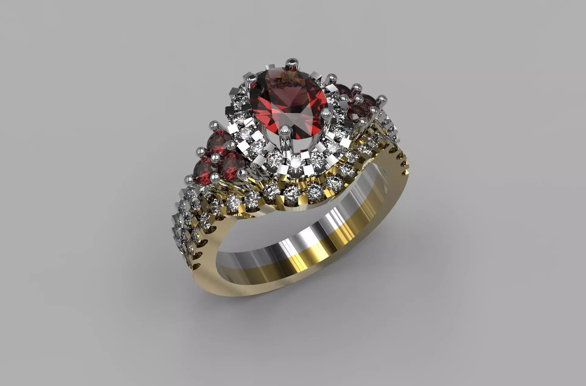 Rings gold and diamond ring with garnet stone 3D print model_0