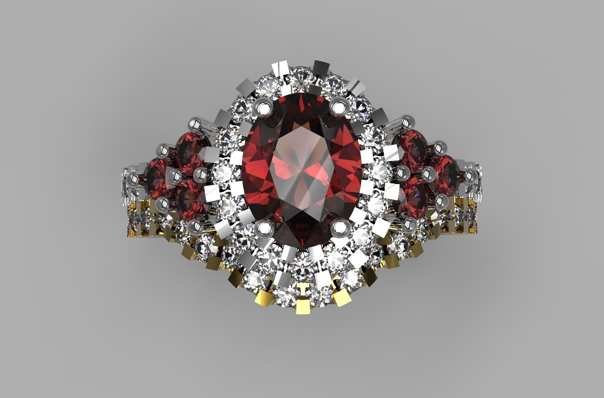 Rings gold and diamond ring with garnet stone 3D print model_1